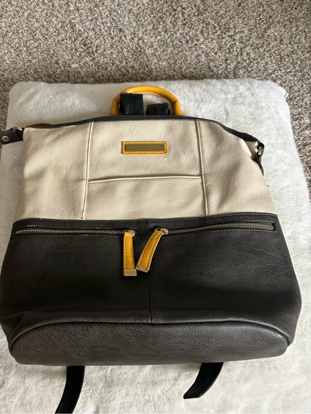 KELLY MORE Two-Tone Cream and Black   camera Backpack with Yellow Accents